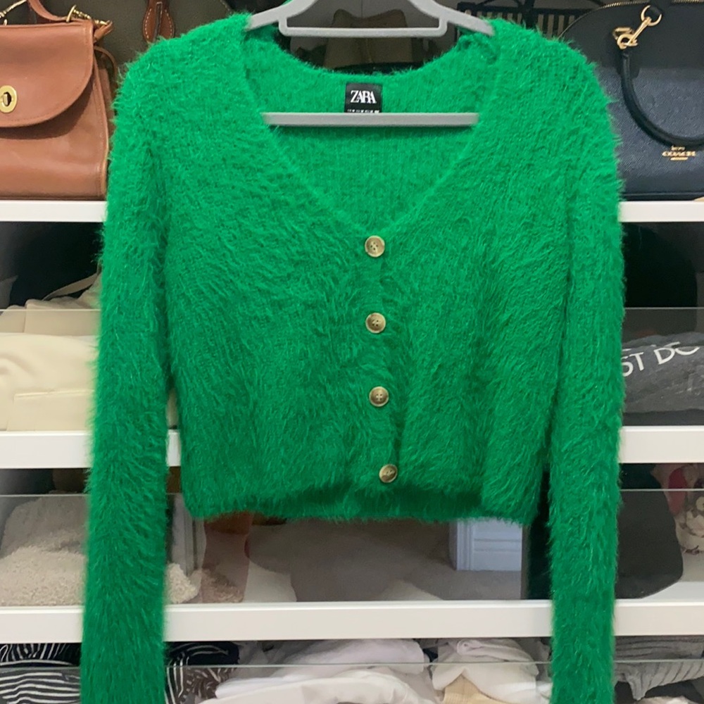 Zara Green Fuzzy Button-Up Cardigan